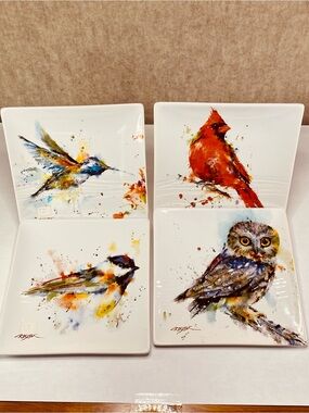 Dean Crouser Watercolor Bird Cardinal Owl Hummingbird Chicadee Plate Set of 4